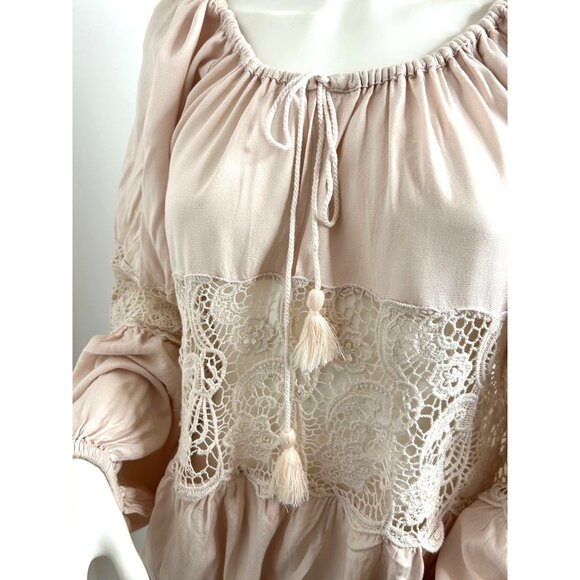 Free People. Blouse S/P Pink, Lace Tassels Balloon Long Sleeve Loose Fit Classic - Picture 8 of 16